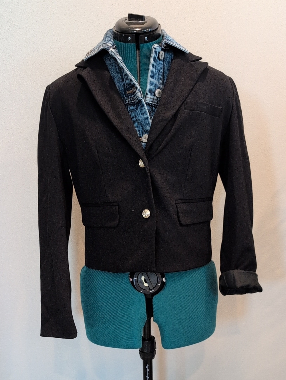 Lucky Brand Black Cropped Blazer with Removable Denim Insert, Size XS
